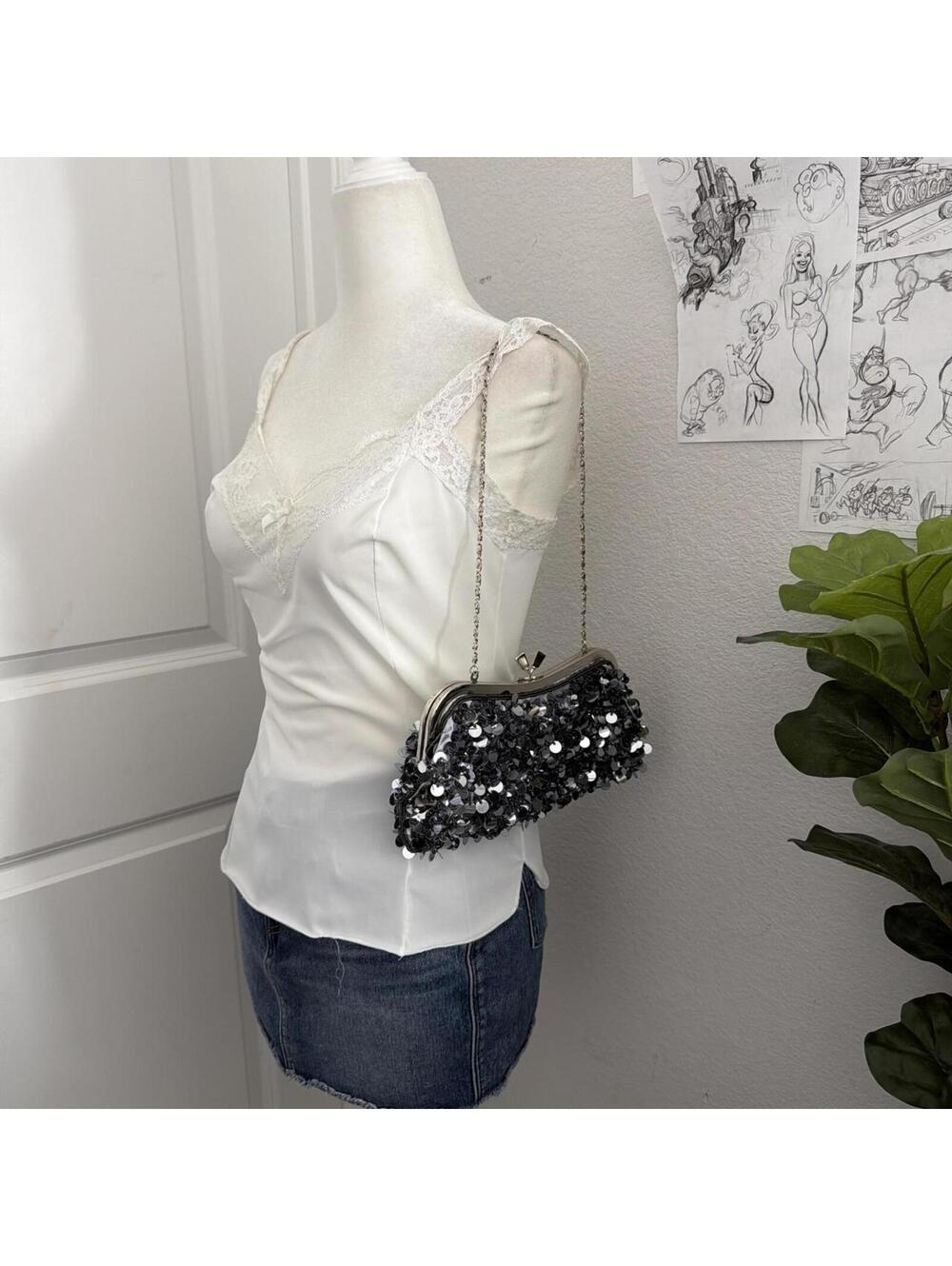 sequin purse with silver chain strap
